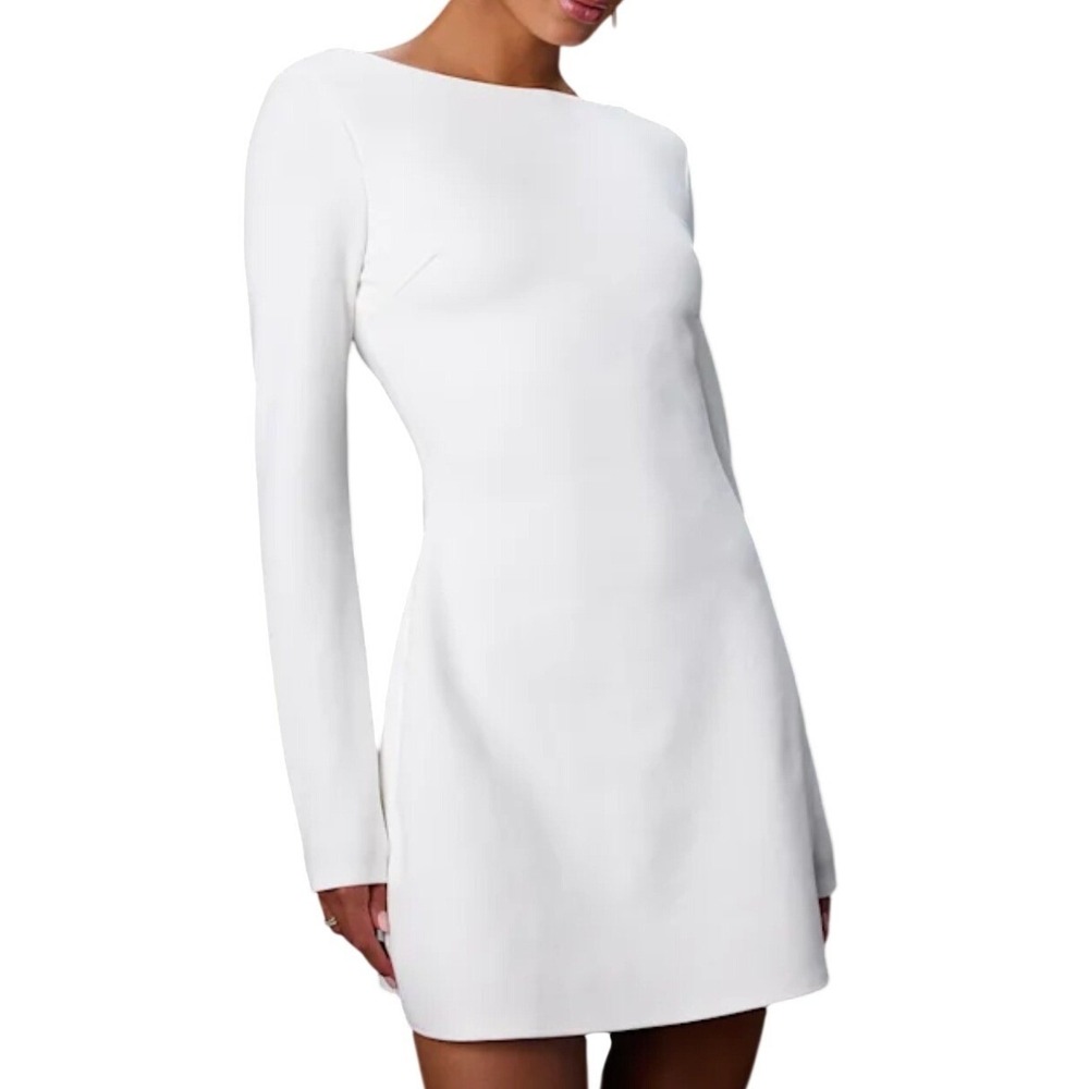 NWT Lulus Aldith White Ponte Knit Long Sleeve Open Back Mini Dress M Bride Party